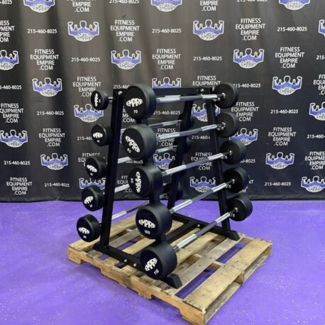 Buy BRAND NEW Empire Rubber Covered Fixed Straight Bar Set 20-110 lbs. in 10’s w/Rack Buy BRAND NEW Empire Rubber Covered Fixed Straight Bar Set 20-110 lbs. in 10’s w/Rack